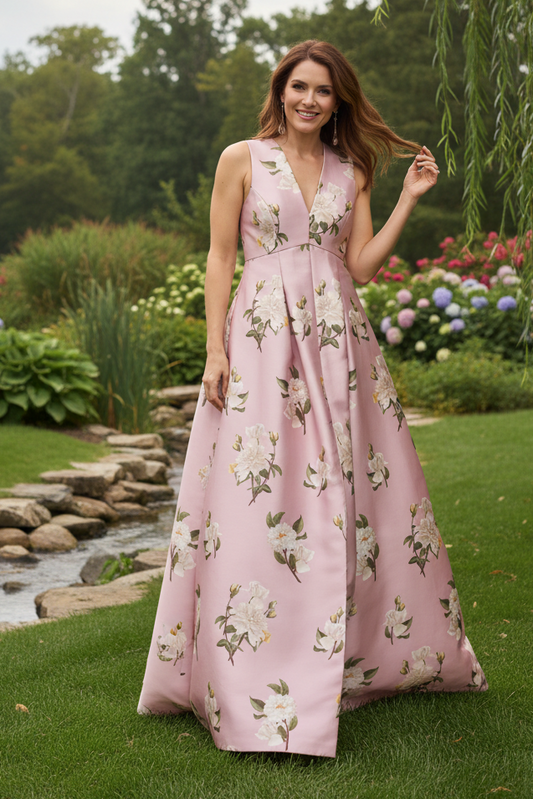 Floral V-Neck Pleated Gown with Front Slit