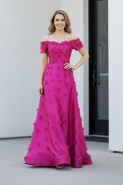 Off-the-Shoulder 3D Floral A-Line Gown