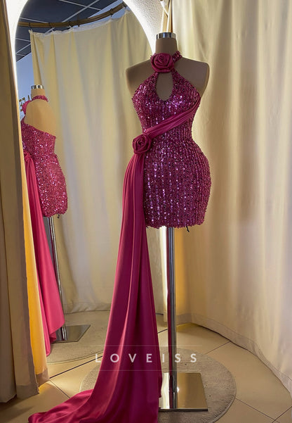 Sequin Halter Mini Dress with Rose Accent & Train