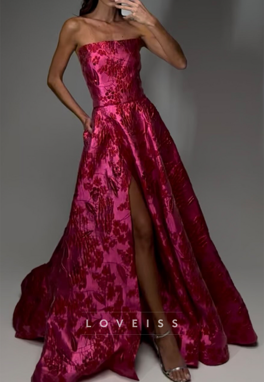 Strapless Jacquard A-Line Gown with Slit and Pockets