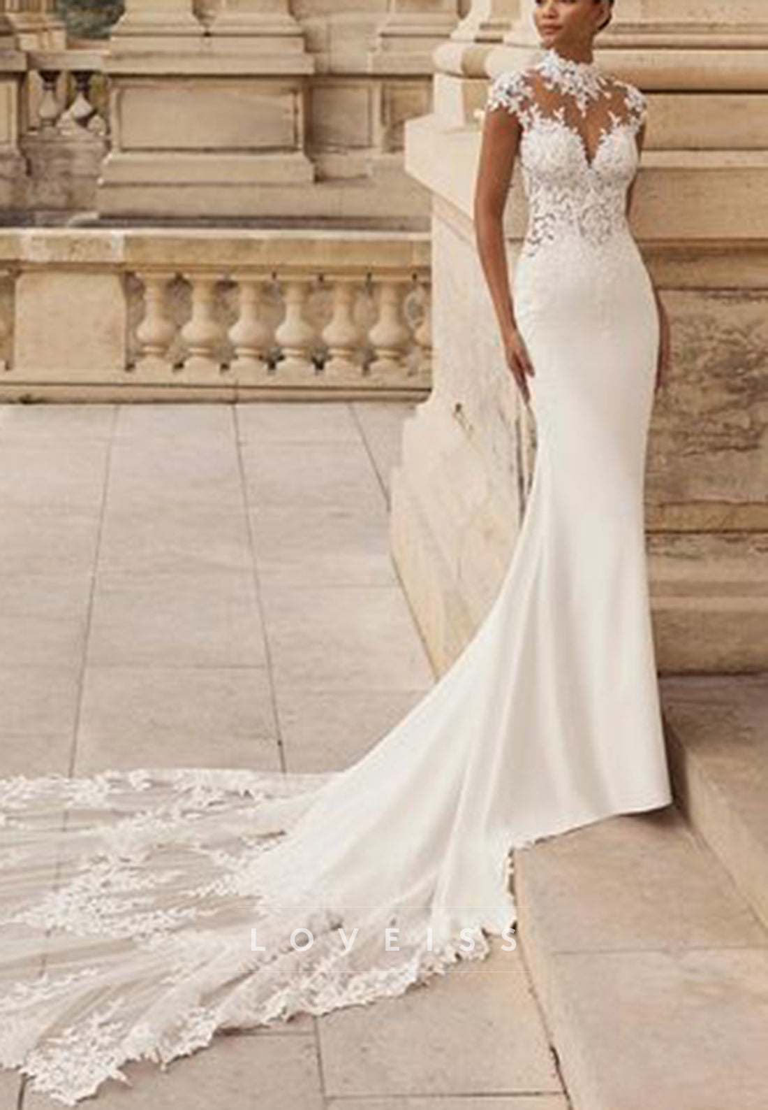 High Neck Lace Cap Sleeve Mermaid Wedding Dress
