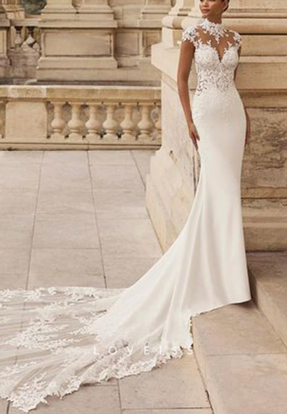 High Neck Lace Cap Sleeve Mermaid Wedding Dress