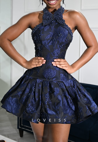 Halter Floral Jacquard Bubble Hem Mini Dress