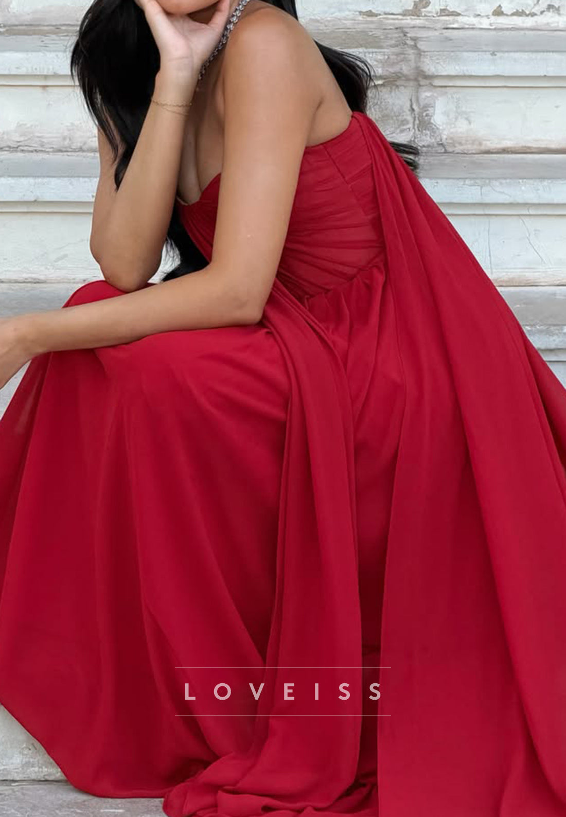 Strapless Ruched Bodice Gown with Flowing Train