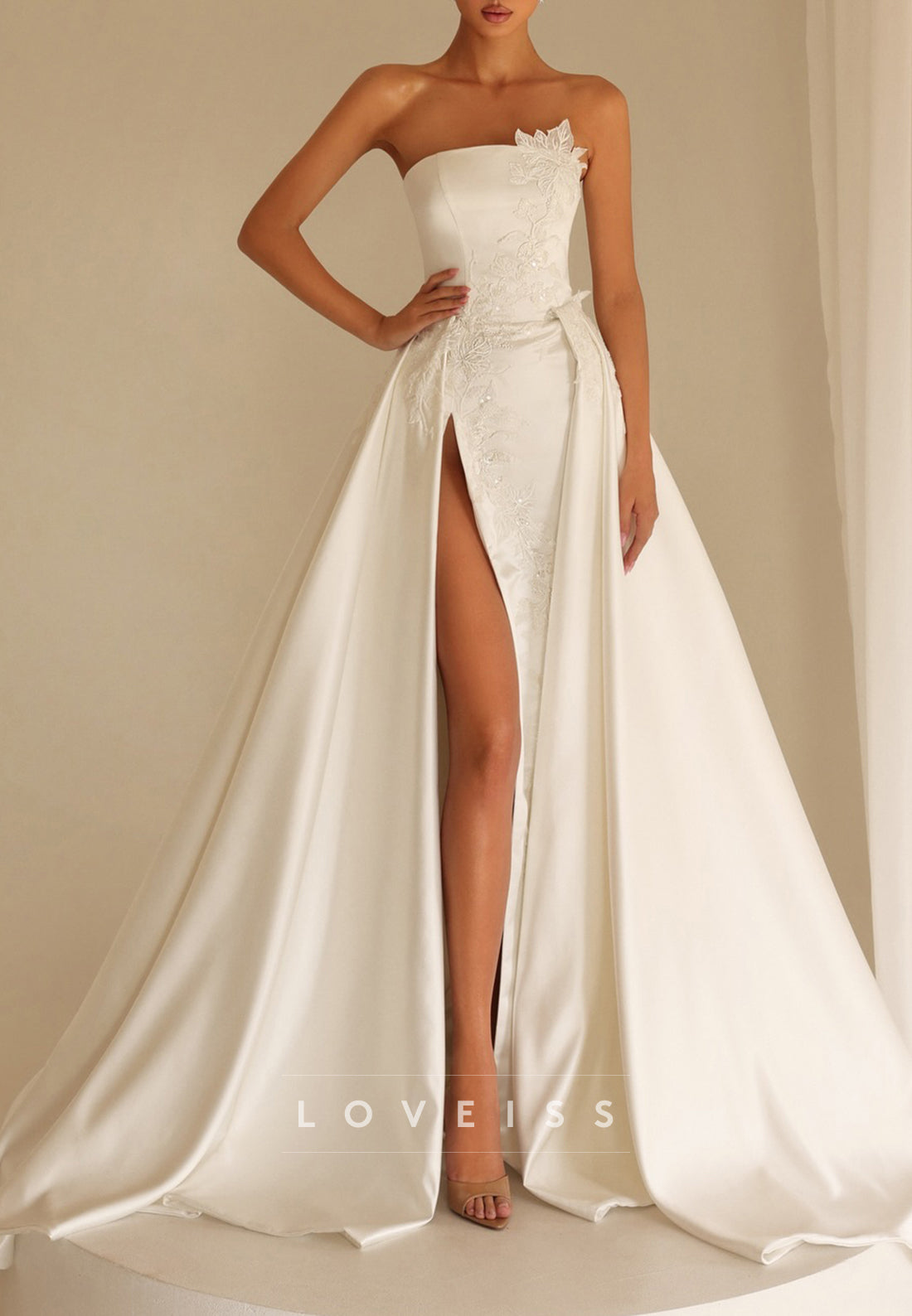 Strapless Satin Gown with Detachable Overskirt & Slit