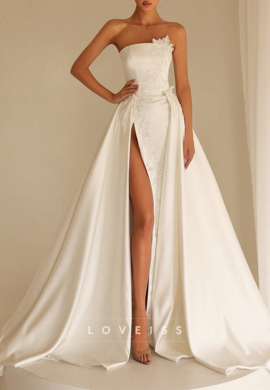 Strapless Satin Gown with Detachable Overskirt & Slit