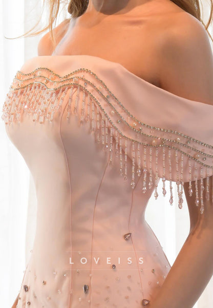 Off Shoulder Beaded Fringe Mermaid Evening Gown
