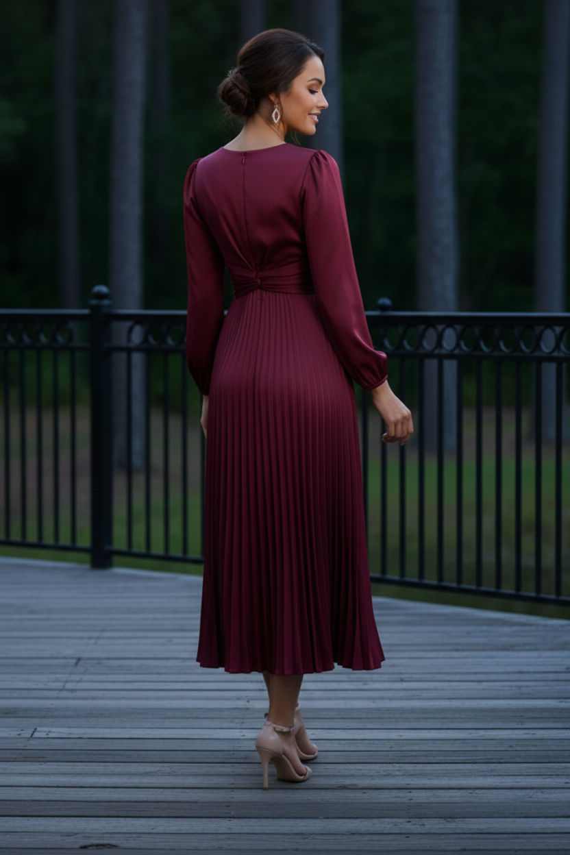 Pleated Satin Midi Dress with Twist-Front Bodice