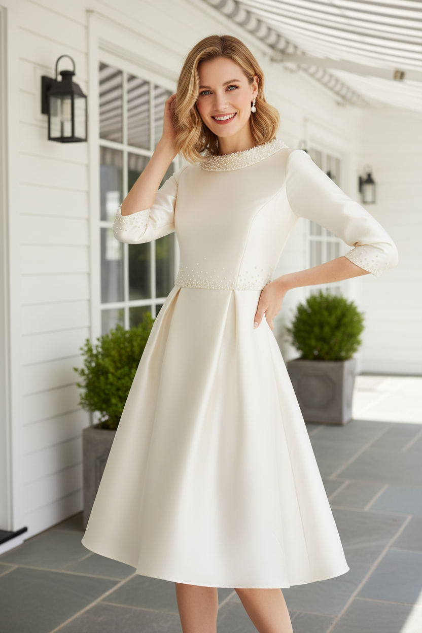 Elegant Pearl-Embellished Midi A-Line Dress