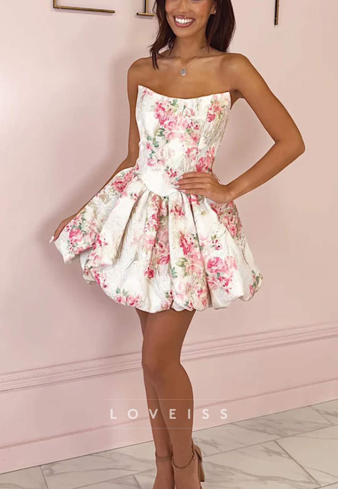Strapless Floral Jacquard Corset Bubble Mini Dress