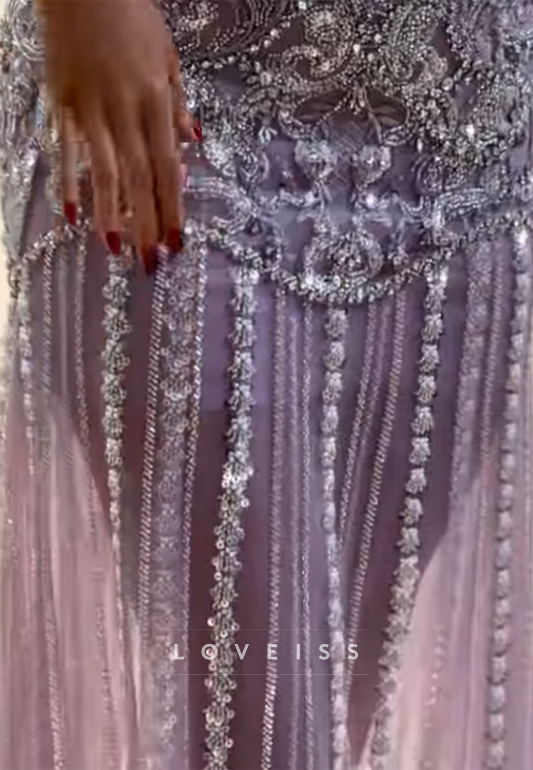 Sequined Beaded Mermaid Gown with Tiered Hem