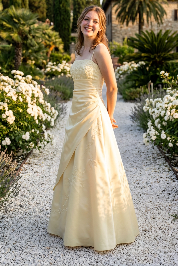 Embroidered Ruched Gown with Spaghetti Straps