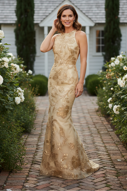 Floral Embroidered Halter Neck Evening Gown