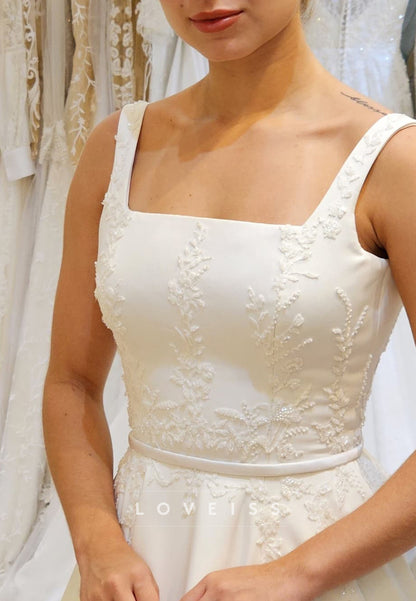 Square Neck Embroidered Satin A-Line Wedding Dress