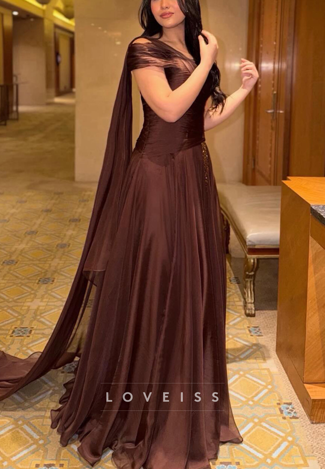 Off-Shoulder Cape A-Line Evening Gown