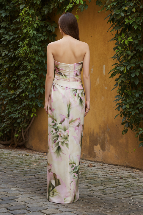 Strapless Floral Print Draped Column Gown