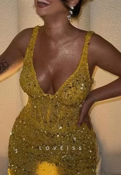 Deep V-Neck Sequin Corset Bodycon Mini Dress