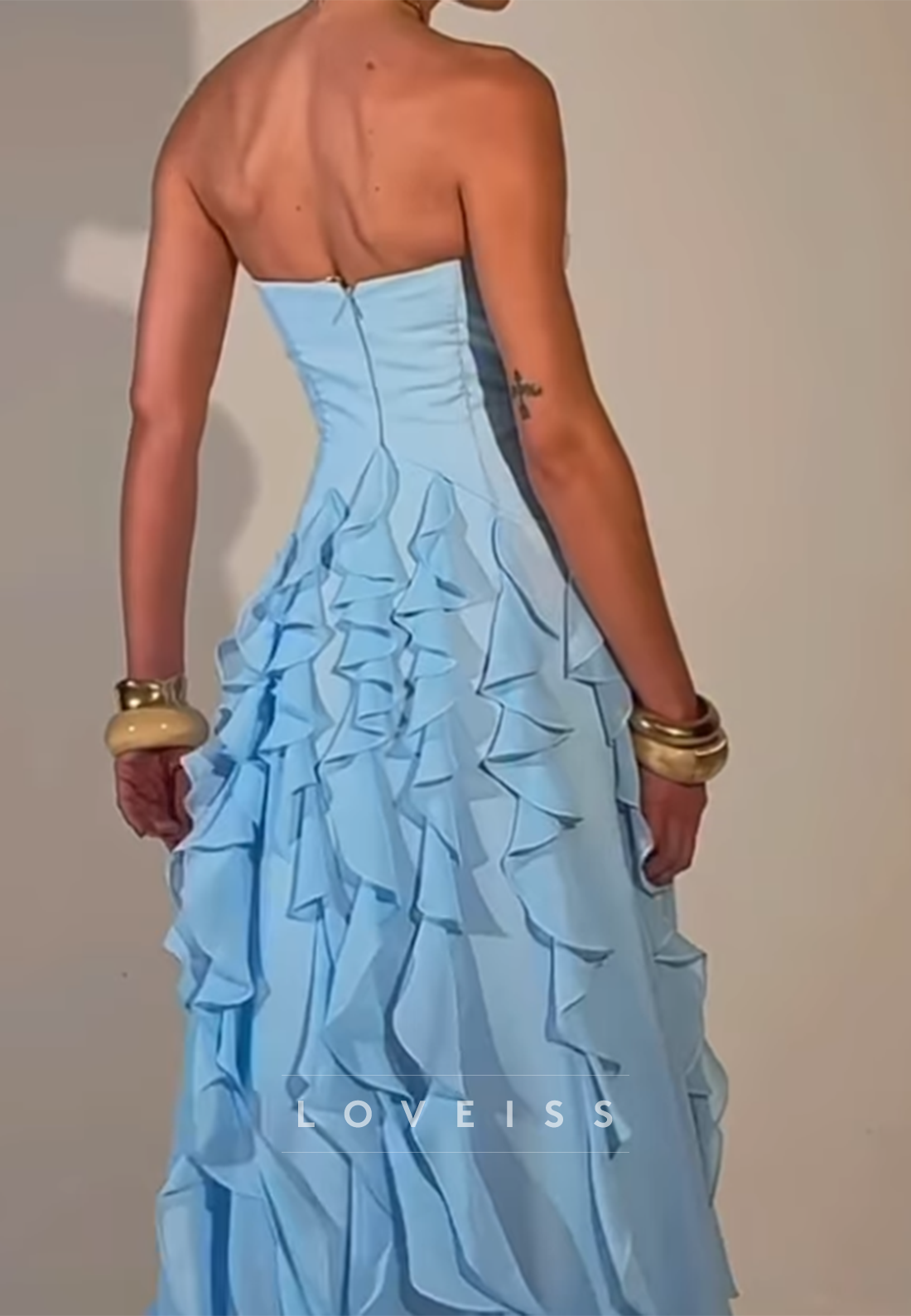 Strapless Sweetheart Ruffled Tiered Chiffon Evening Gown