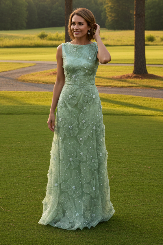 3D Floral Applique Sleeveless Bateau Gown