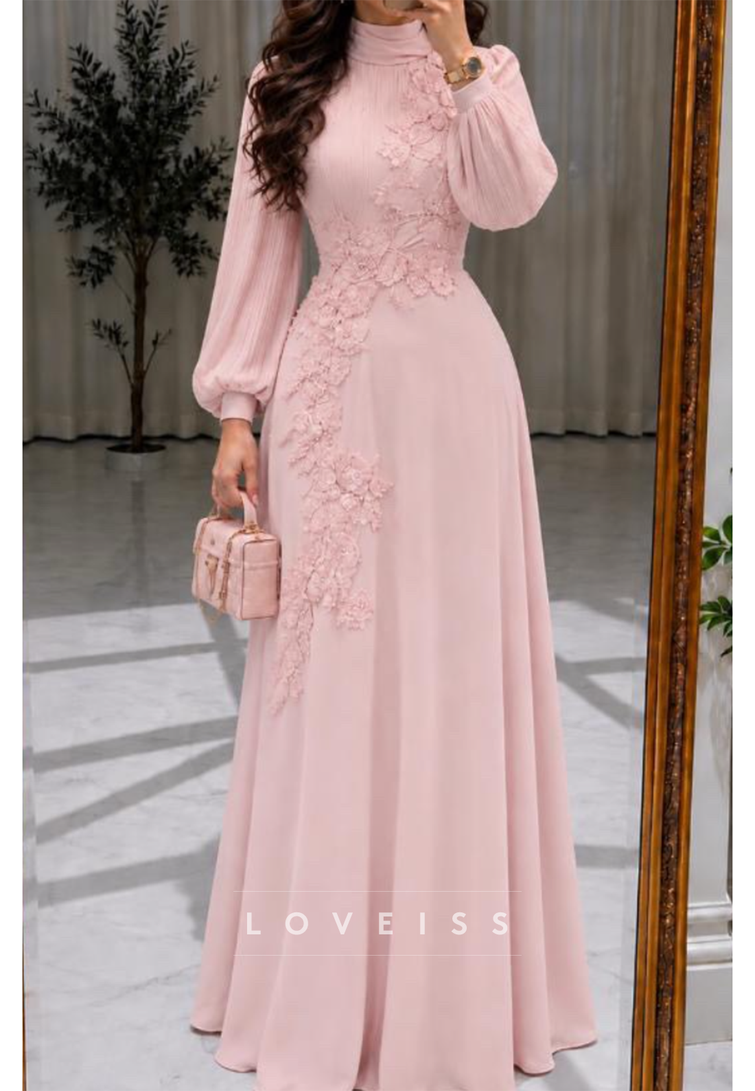 Floral Applique High Neck Pleated Sleeve Maxi Dress