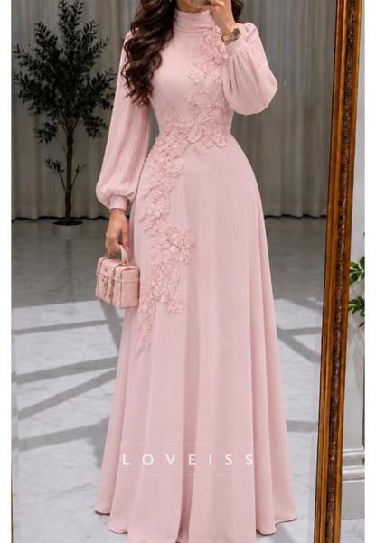 Floral Applique High Neck Pleated Sleeve Maxi Dress