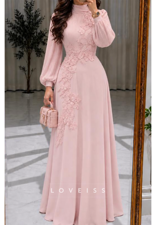 Floral Applique High Neck Pleated Sleeve Maxi Dress