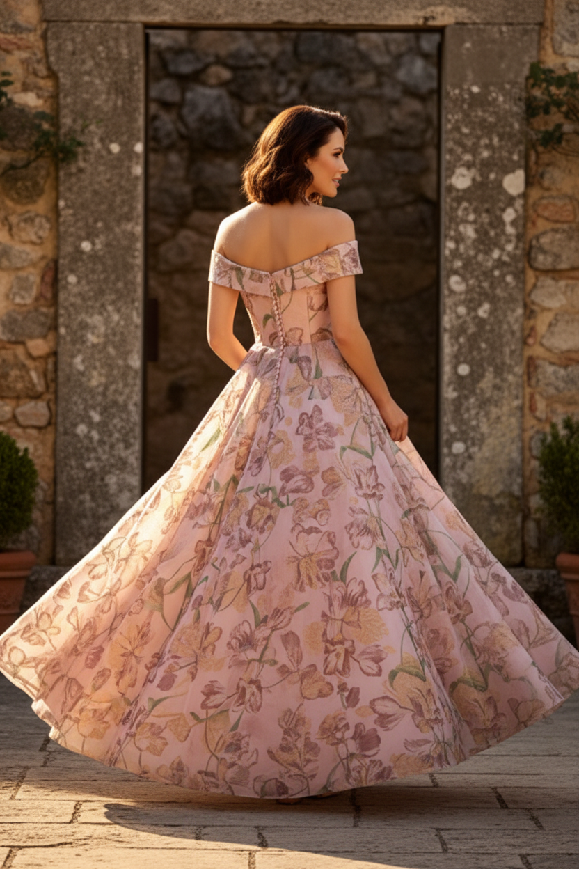 Off-the-Shoulder Floral A-Line Evening Gown