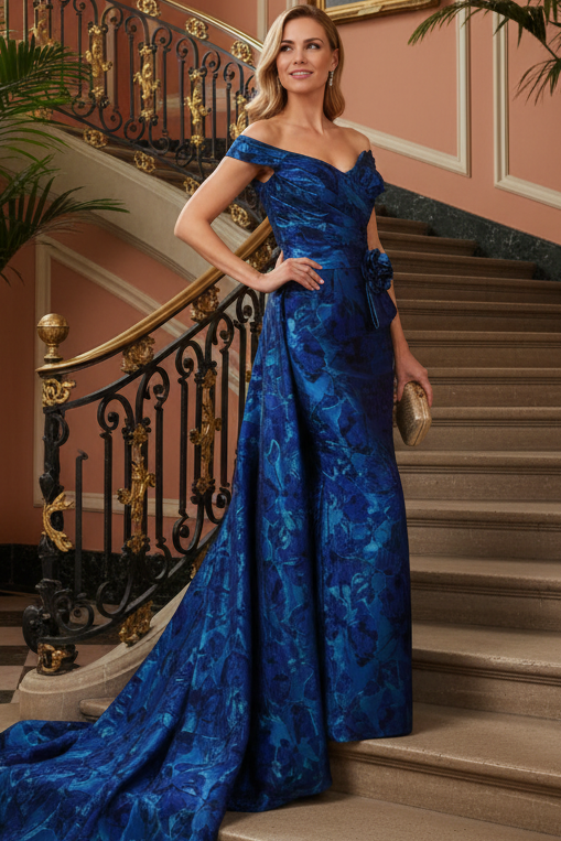 Floral Jacquard Off-Shoulder Gown with Overskirt