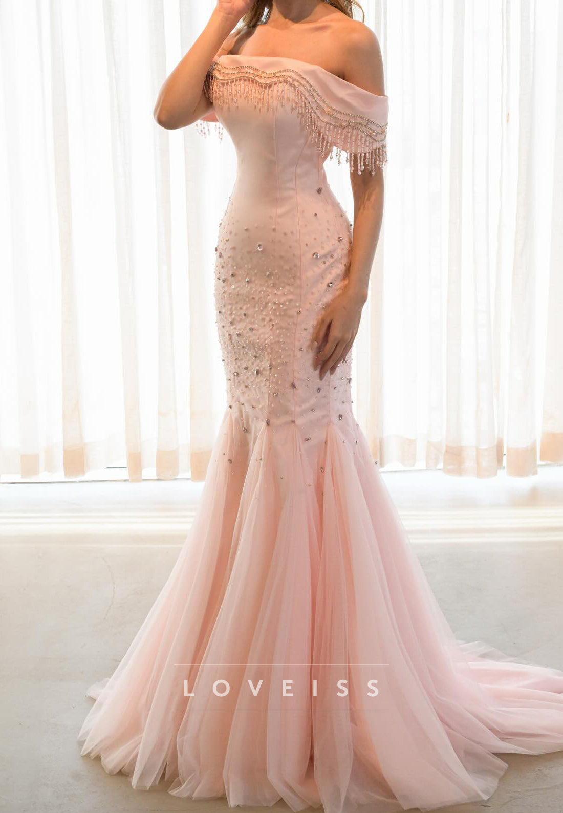 Off Shoulder Beaded Fringe Mermaid Evening Gown