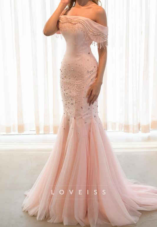 Off Shoulder Beaded Fringe Mermaid Evening Gown