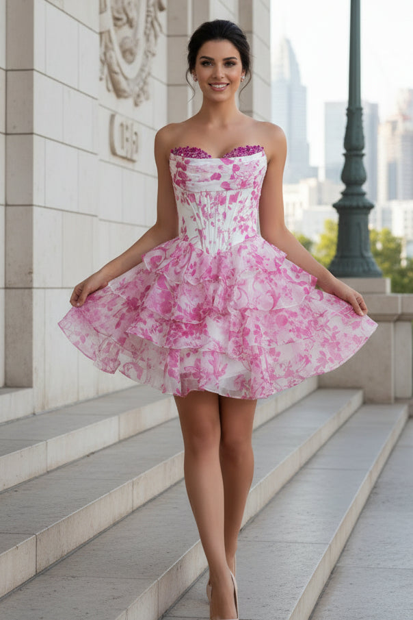 Strapless Floral Corset Tiered Ruffle Mini Dress