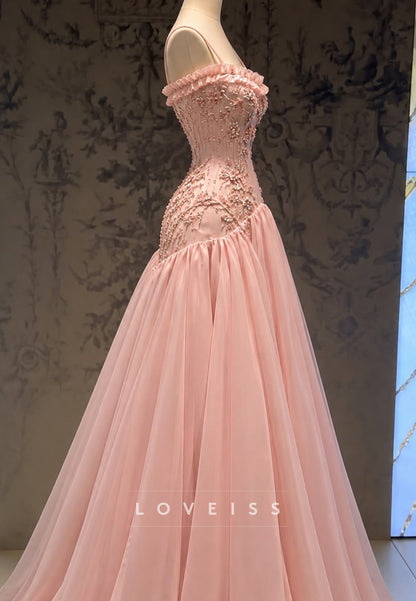 Beaded Corset Ball Gown with Ruffled Neckline