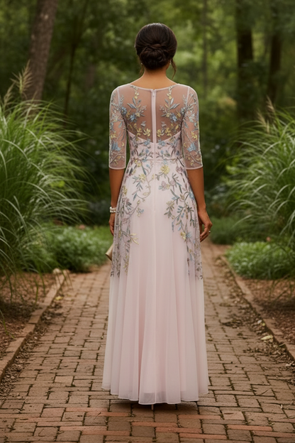 Floral Embroidered Illusion A-Line Maxi Dress