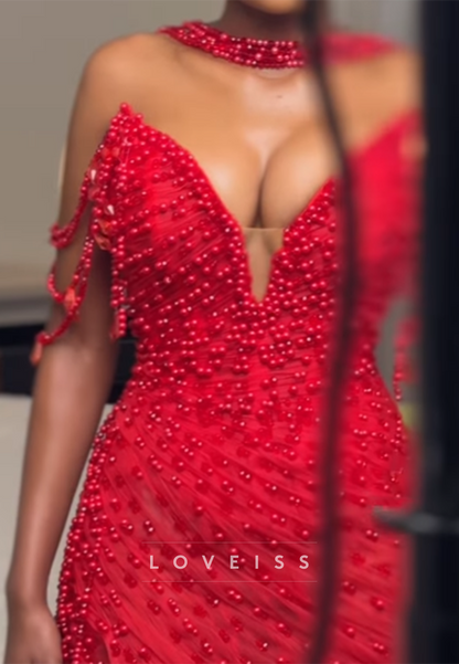 Beaded Sweetheart Evening Gown with High Slit