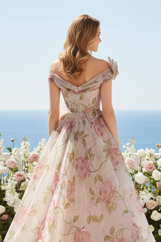 Off-the-Shoulder Floral Organza A-Line Gown