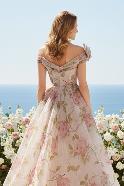 Off-the-Shoulder Floral Organza A-Line Gown