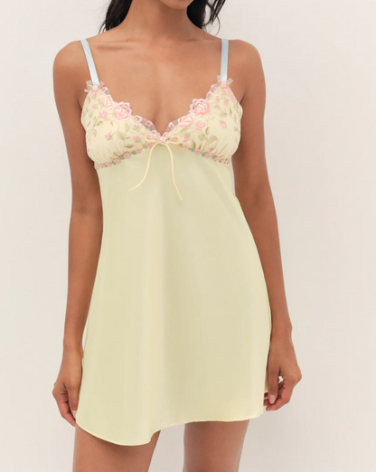 Floral Embroidered Satin Slip Mini Dress