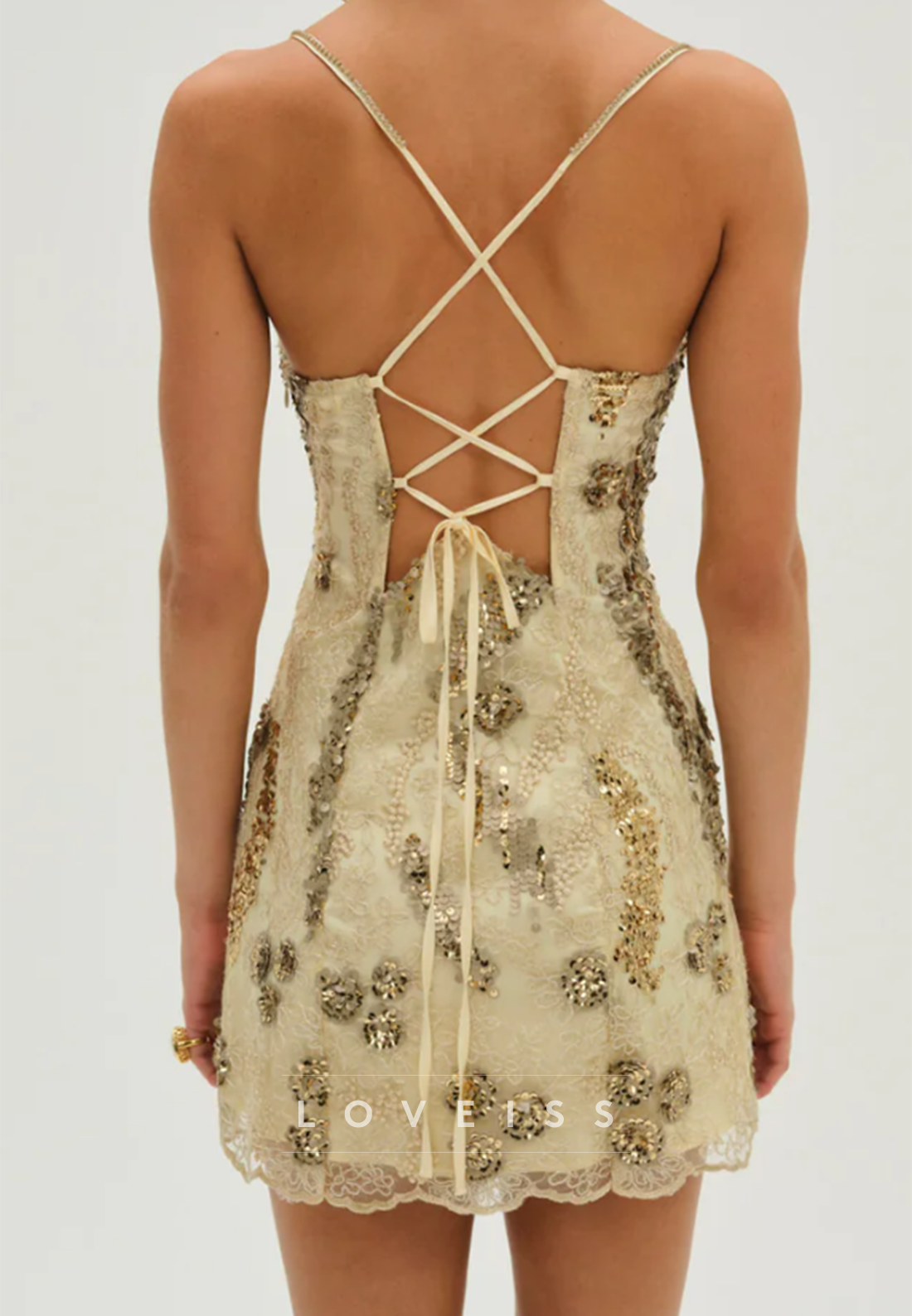 Sequin Lace Mini Dress with Lace-Up Back