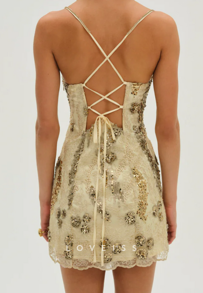 Sequin Lace Mini Dress with Lace-Up Back