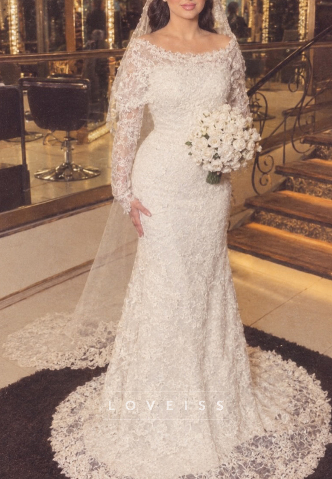 Off-the-Shoulder Long Sleeve Lace Mermaid Wedding Dress