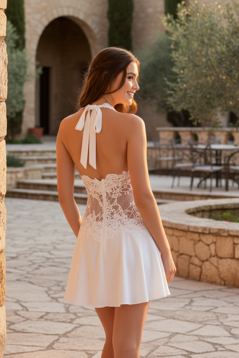 Lace Halter Mini Dress with Sheer Illusion Bodice