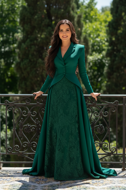 Tailored Jacket Gown with Lace Skirt and Train