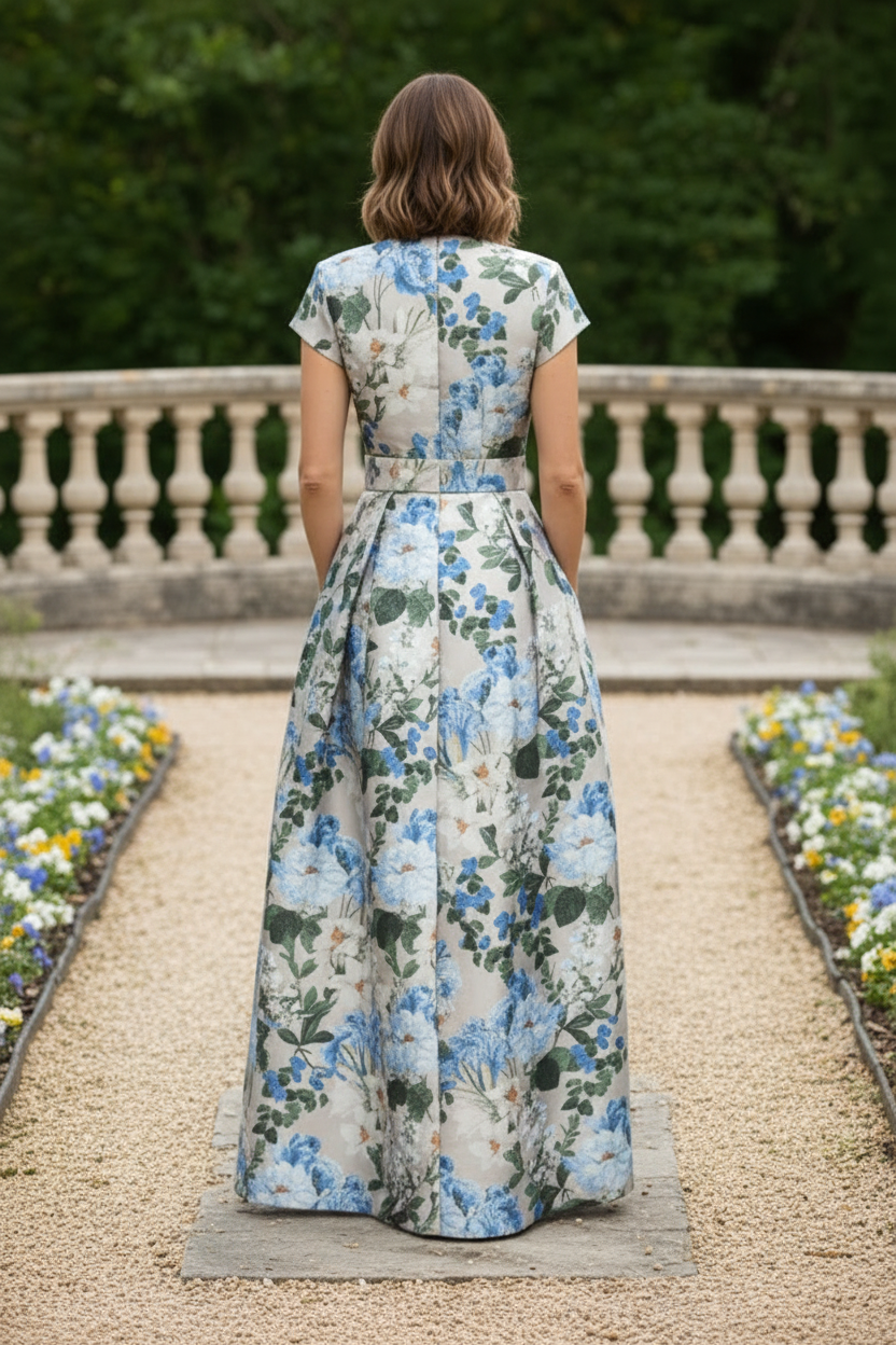 Floral Jacquard Pleated A-Line Maxi Dress