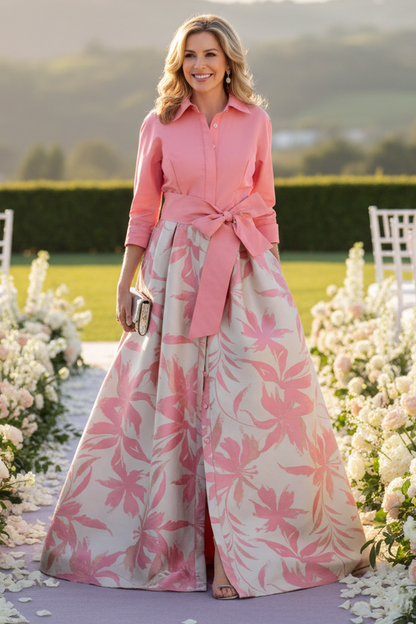 Collared Shirtdress Gown with Floral Full Skirt