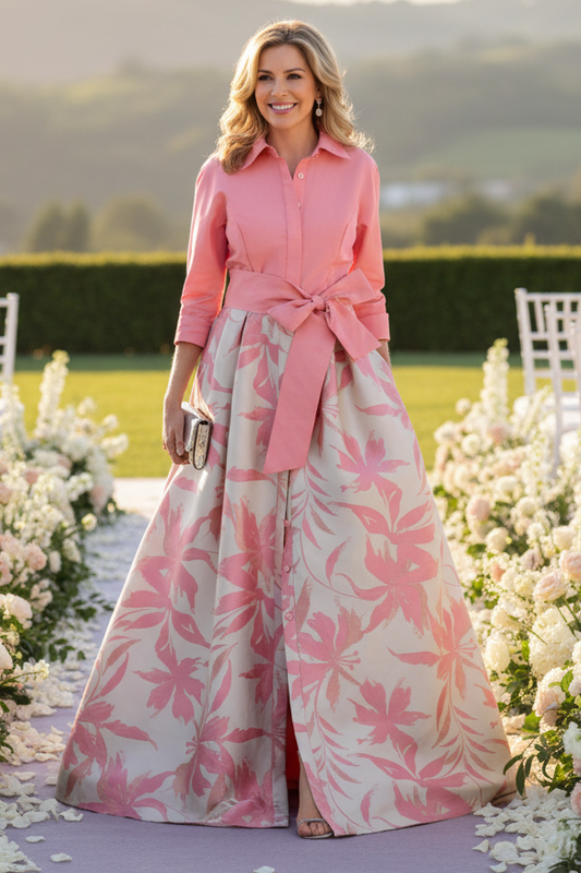 Collared Shirtdress Gown with Floral Full Skirt