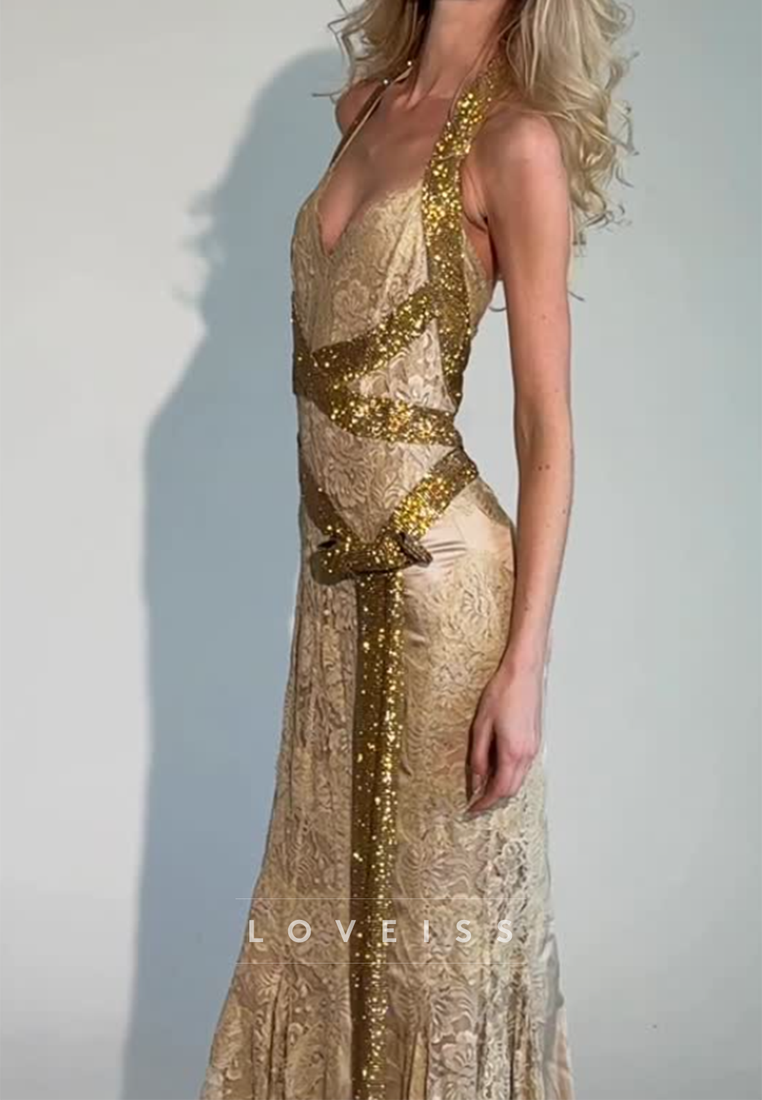 Halter Jacquard Gown with Sequin Wrap Trim