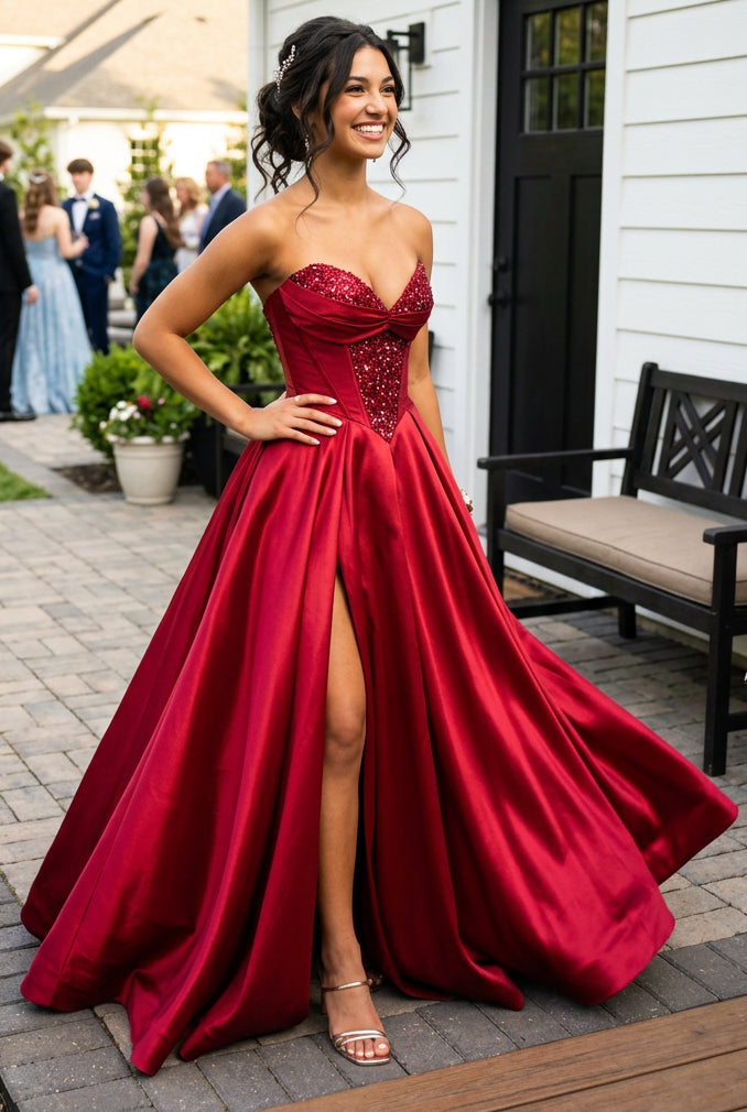 Sequin Corset Strapless Satin Ball Gown with Slit