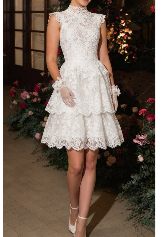 High Neck Tiered Lace Mini Dress