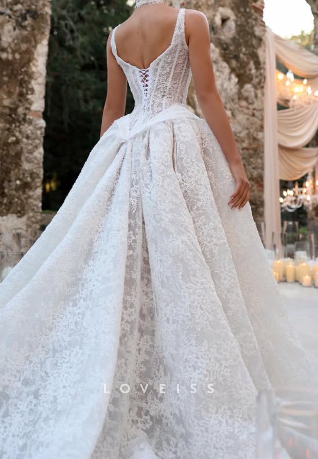 Deep V Lace Wedding Dress with Corset Bodice & High Slit