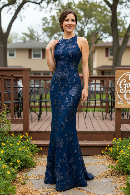 Floral Embroidered Halter Neck Evening Gown